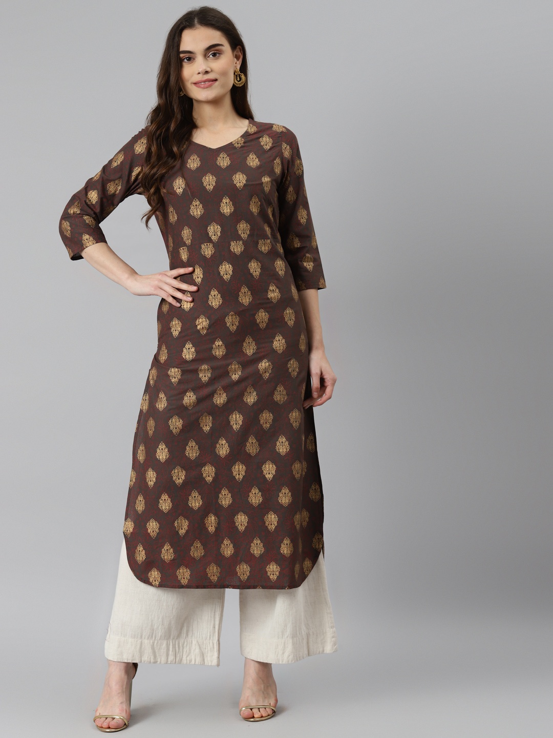 

DESI BEATS Women Brown & Beige Pure Cotton Ethnic Motifs Printed Kurta