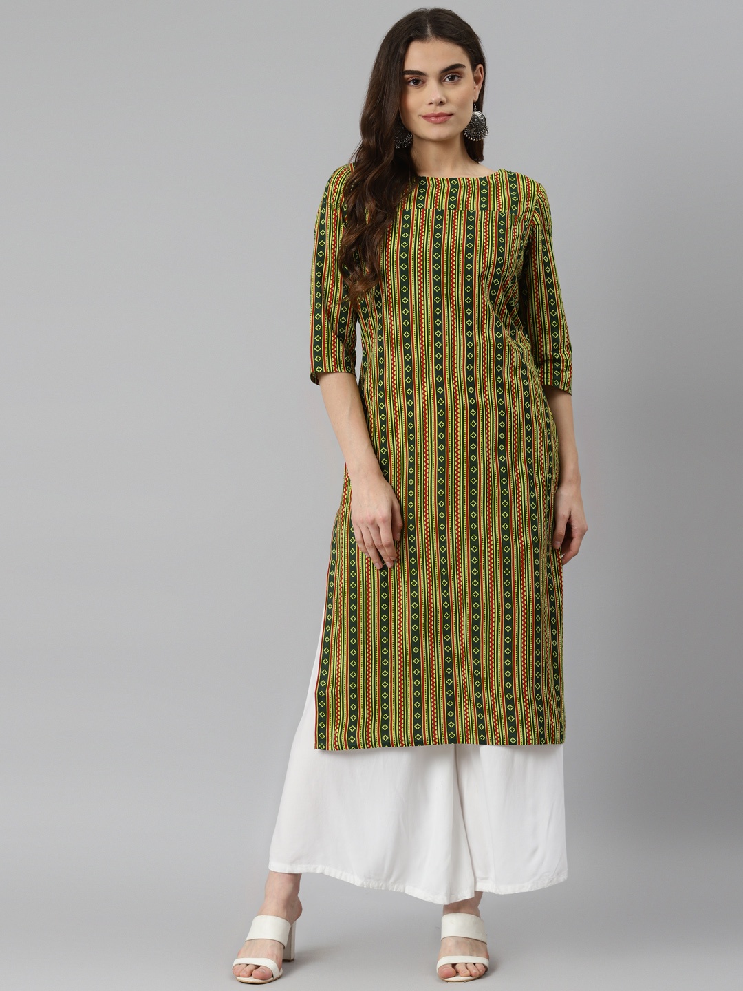 

DESI BEATS Women Green & Red Pure Cotton Striped Kurta