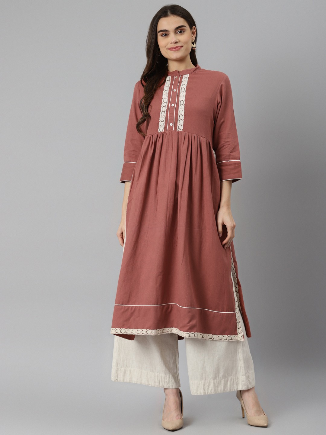 

DESI BEATS Women Rust & White Pure Cotton Yoke Design Kurta