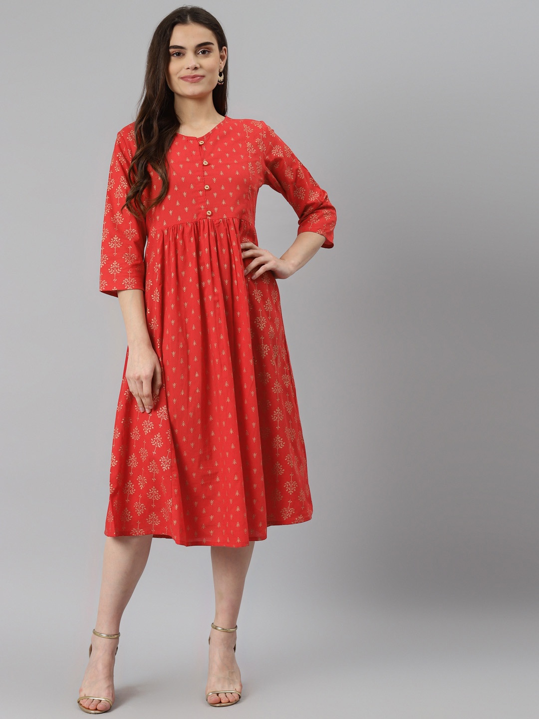 

DESI BEATS Women Red & Beige Pure Cotton Ethnic Motifs Ethnic A-Line Dress