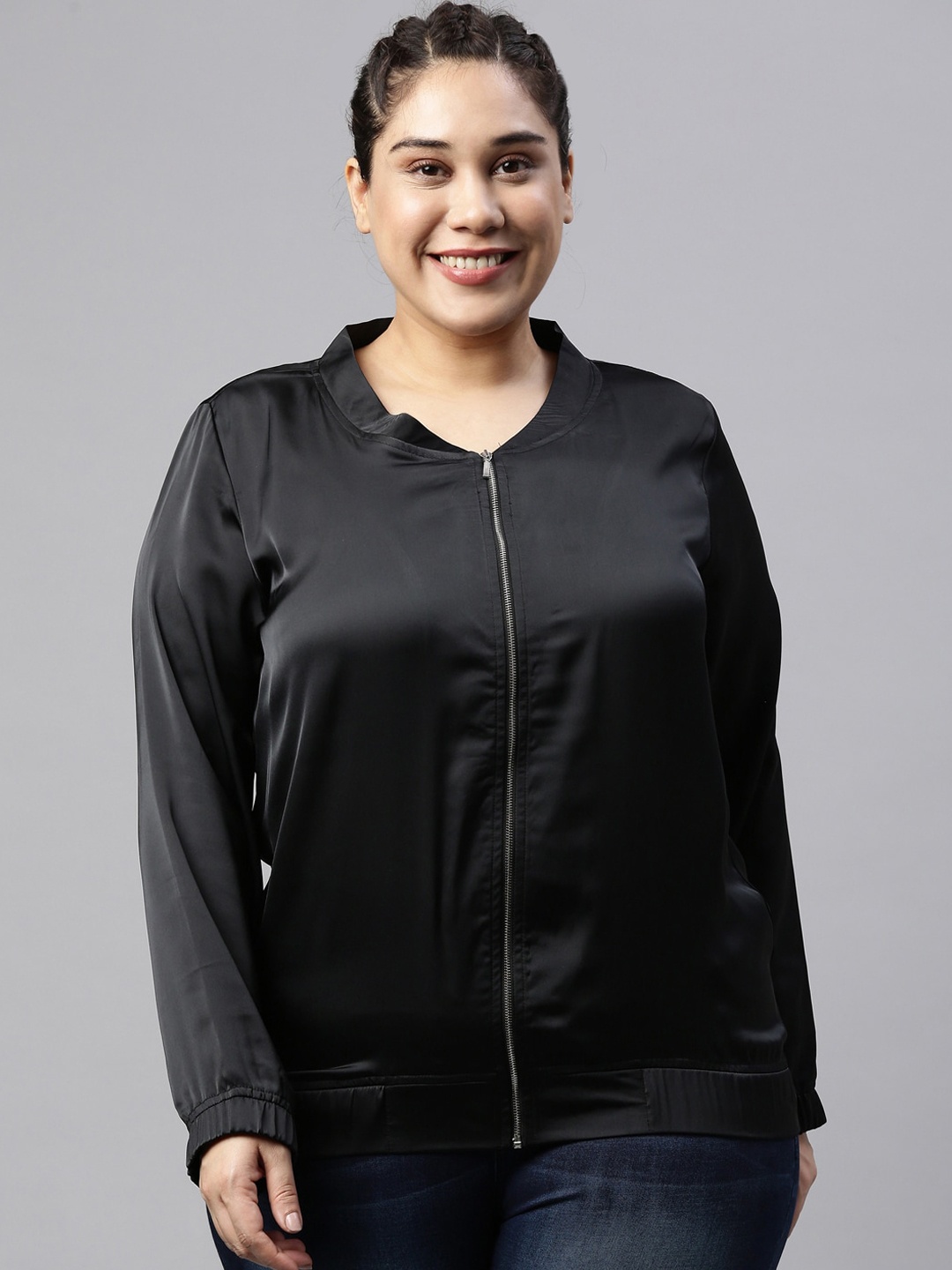 

The Pink Moon Plus Size Women Black Solid Bomber Jacket