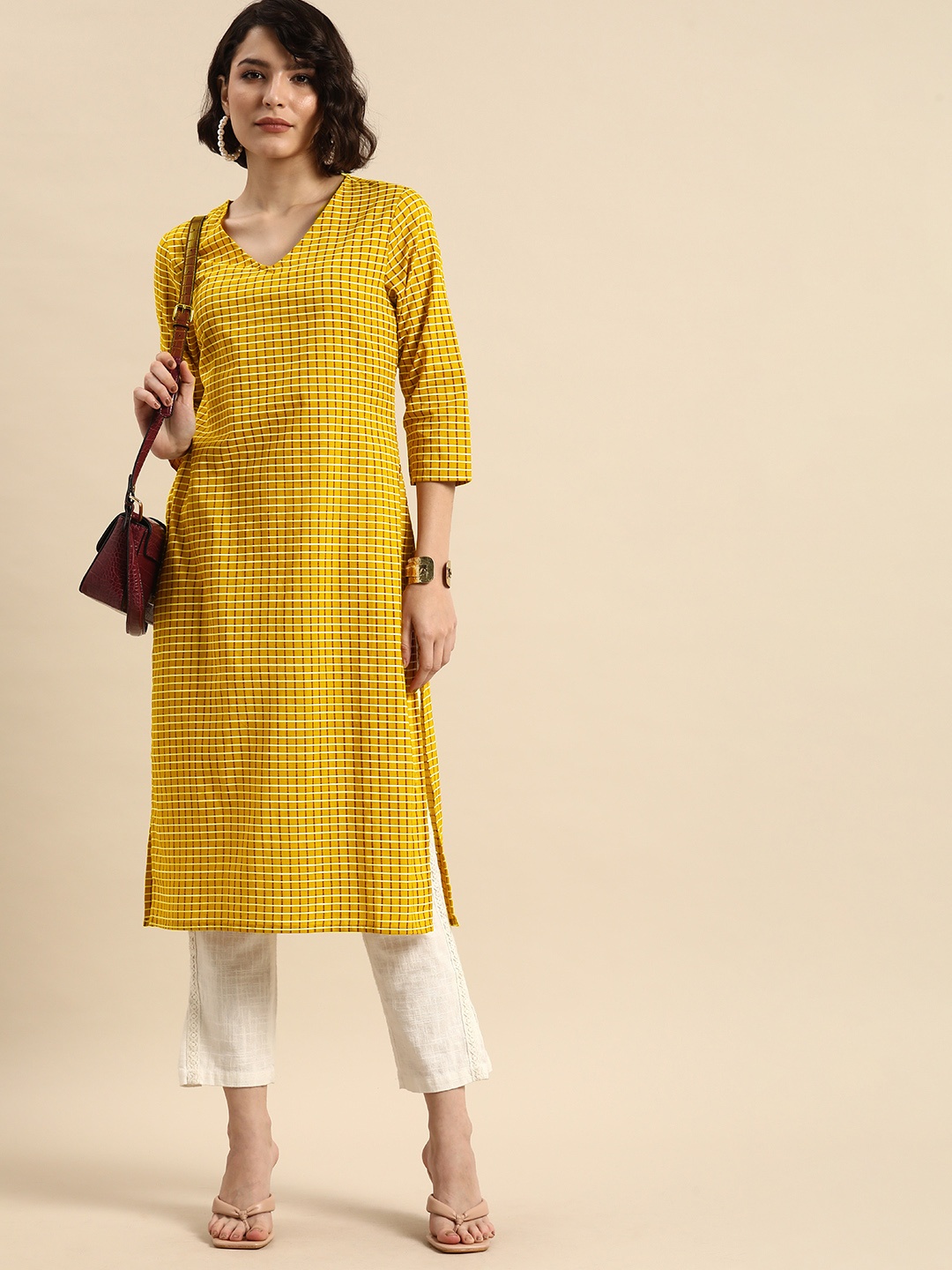 

Anouk Women Yellow Checked Pure Cotton Kurta