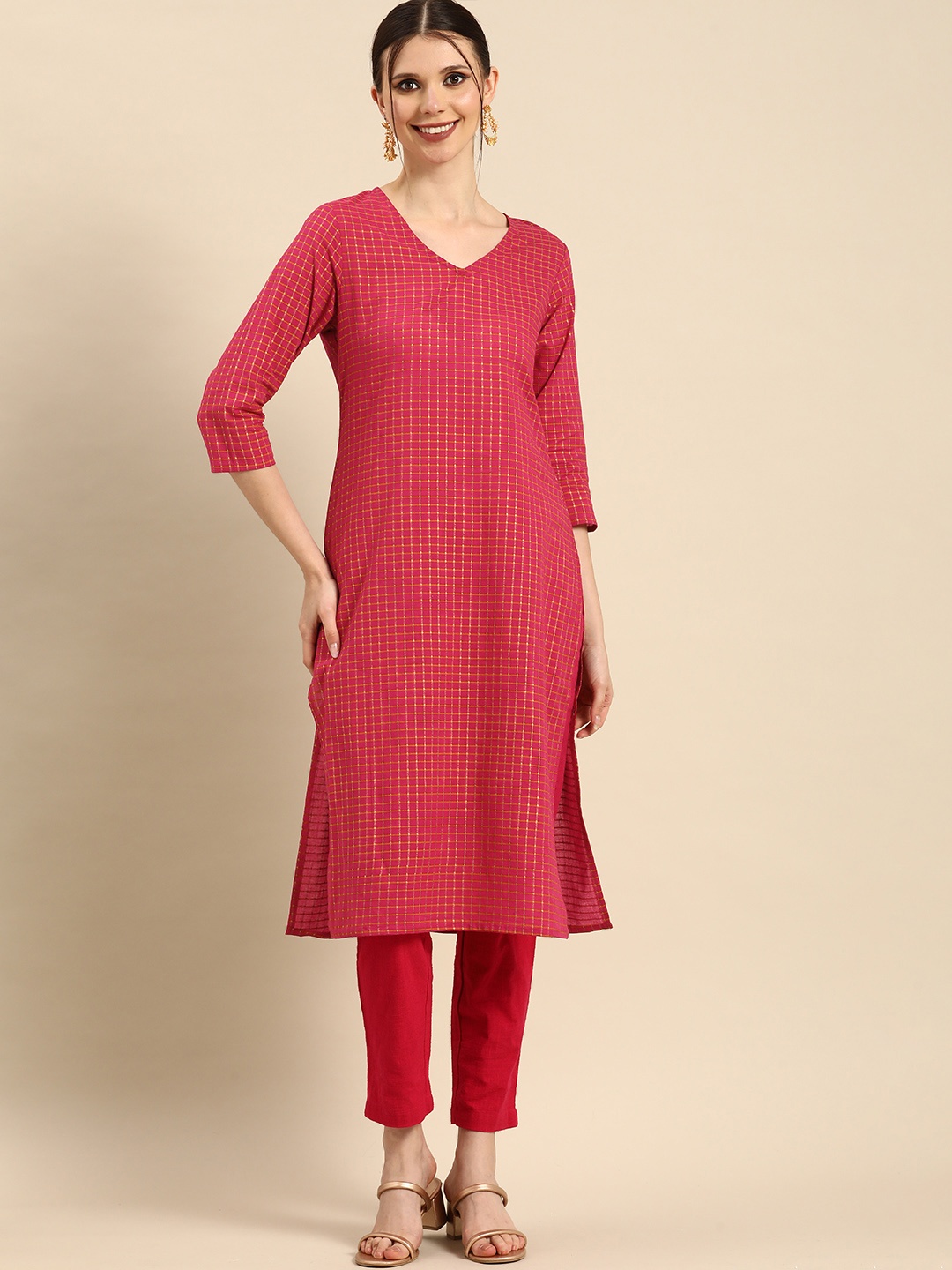 

Anouk Women Pink & Yellow Checked Pure Cotton Kurta
