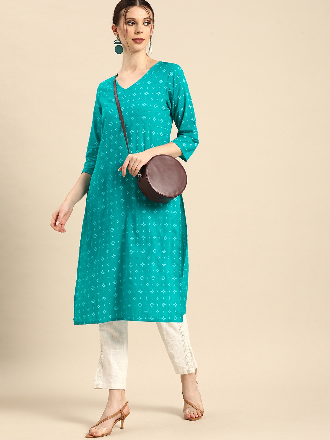 

Anouk Women Green & White Ethnic Motifs Printed Pure Cotton Kurta