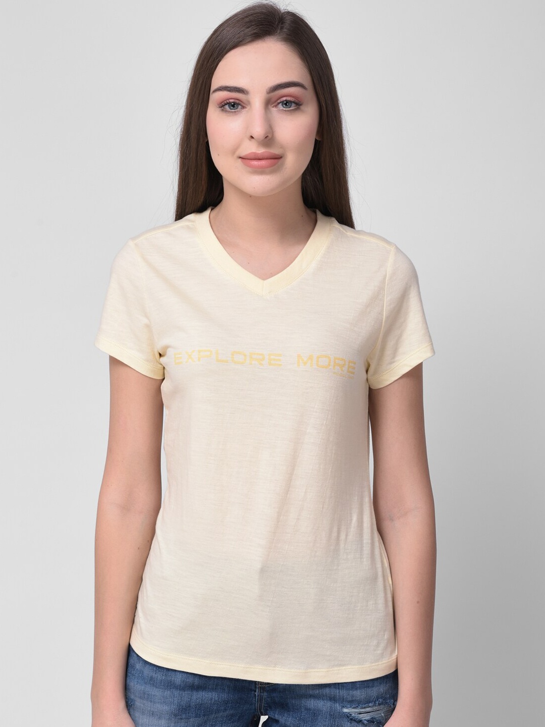 

Woodland Women Yellow Typography Printed V-Neck T-shirt