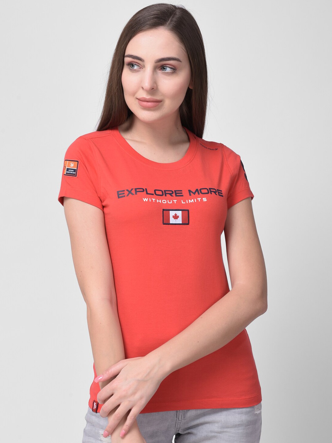 Woodland Women Red Typography Printed Pure Cotton T-shirt