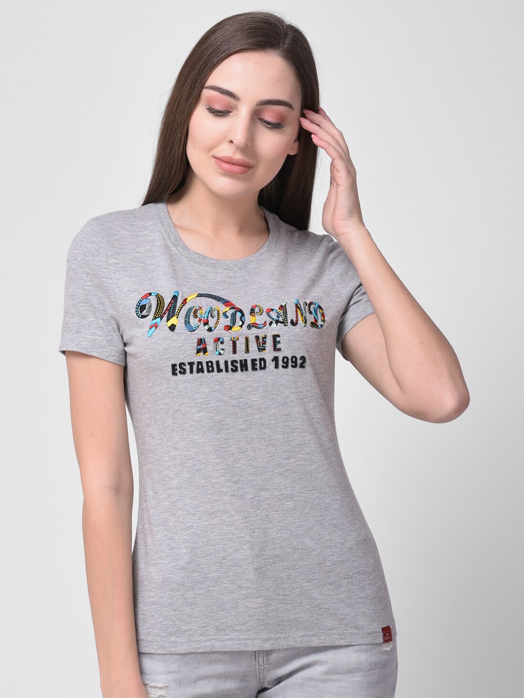 

Woodland Women Grey Typography Printed Pockets T-shirt