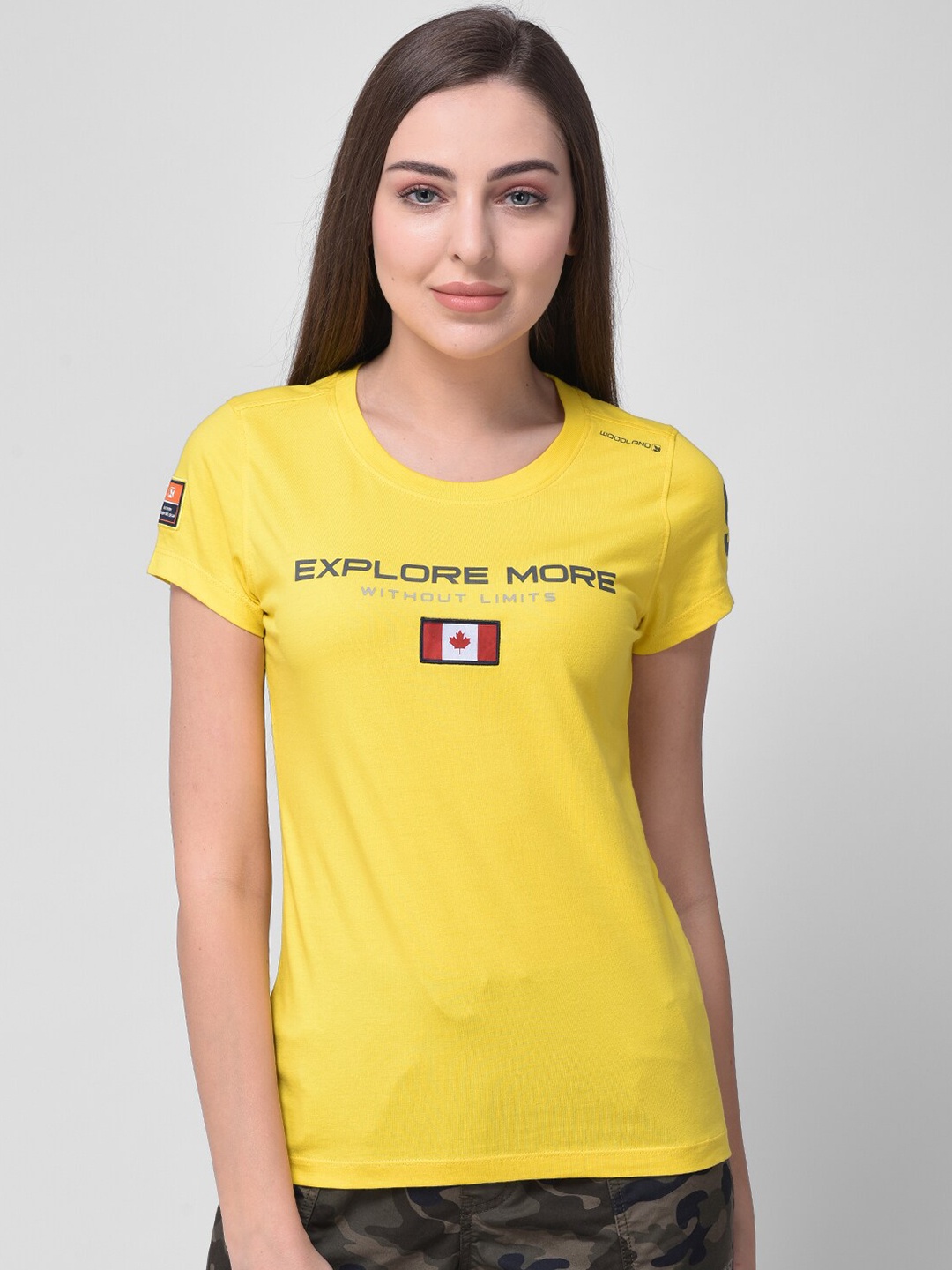 

Woodland Women Yellow Typography Print Regular Fit Cotton T-shirt