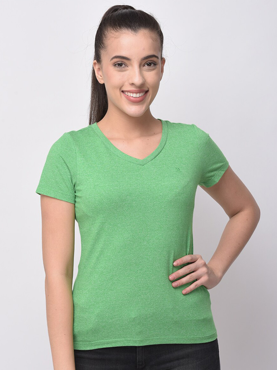 

Woodland Women Green Printed V-Neck T-shirt