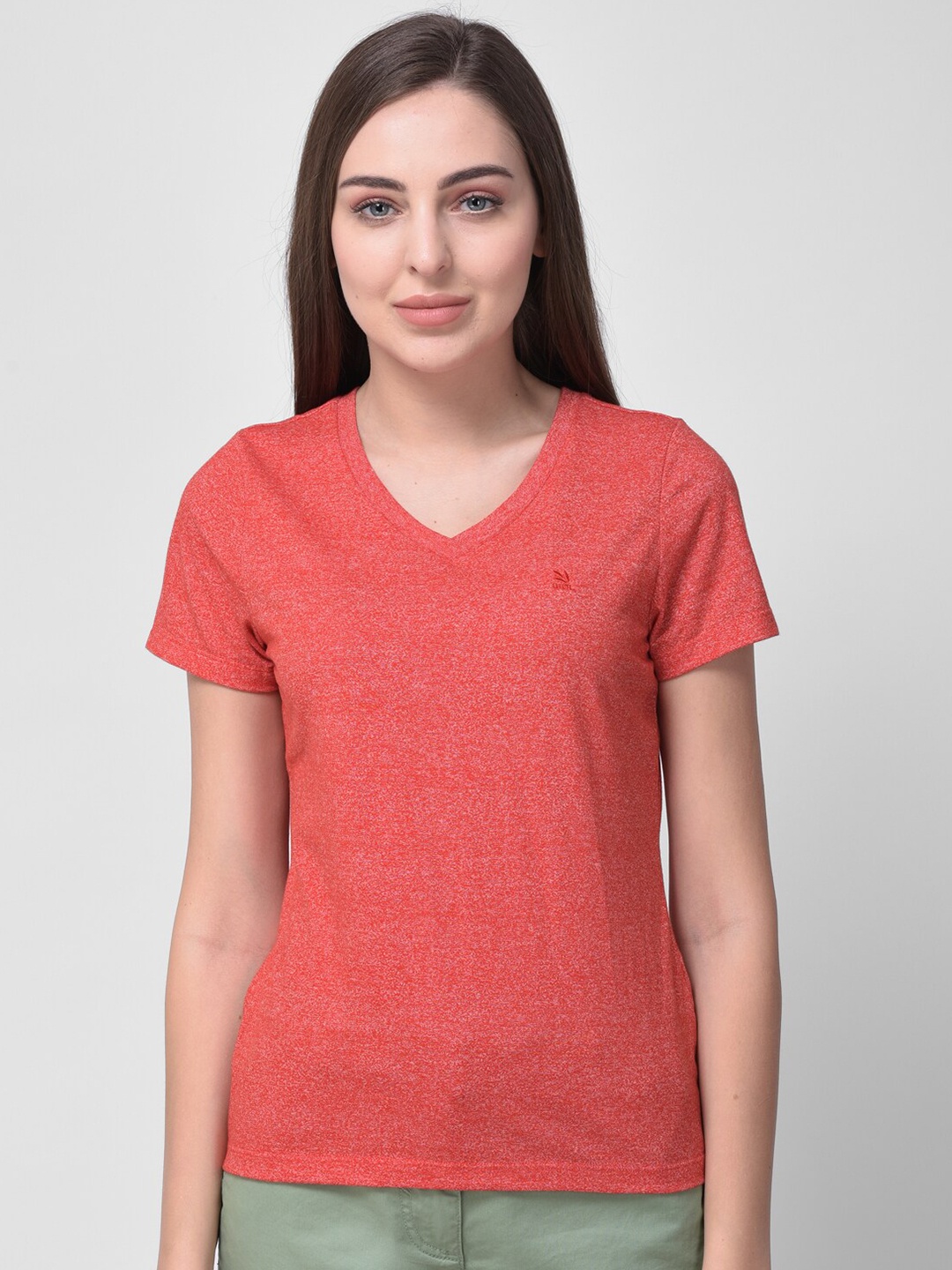 

Woodland Women Orange V-Neck T-shirt