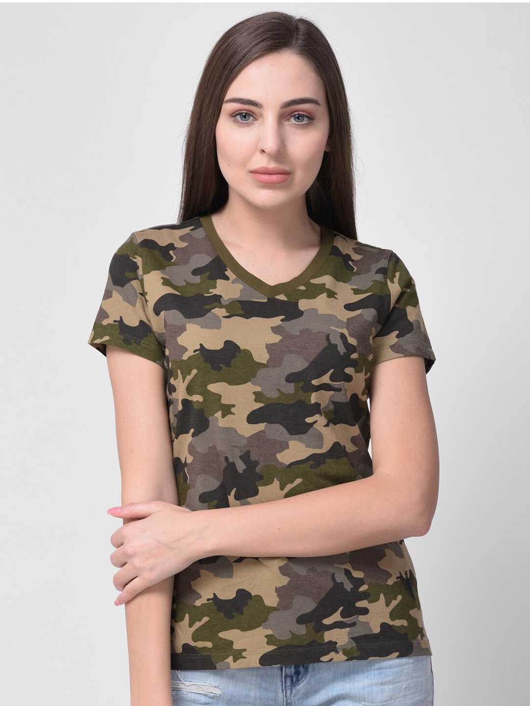 

Woodland Women Beige & Green Camouflage Printed Extended Sleeves T-shirt