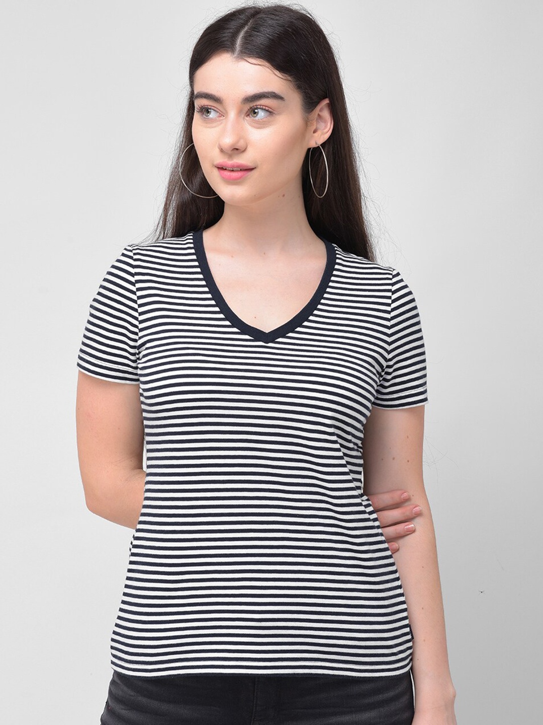 

Woodland Women Navy Blue & White Striped V-Neck T-shirt