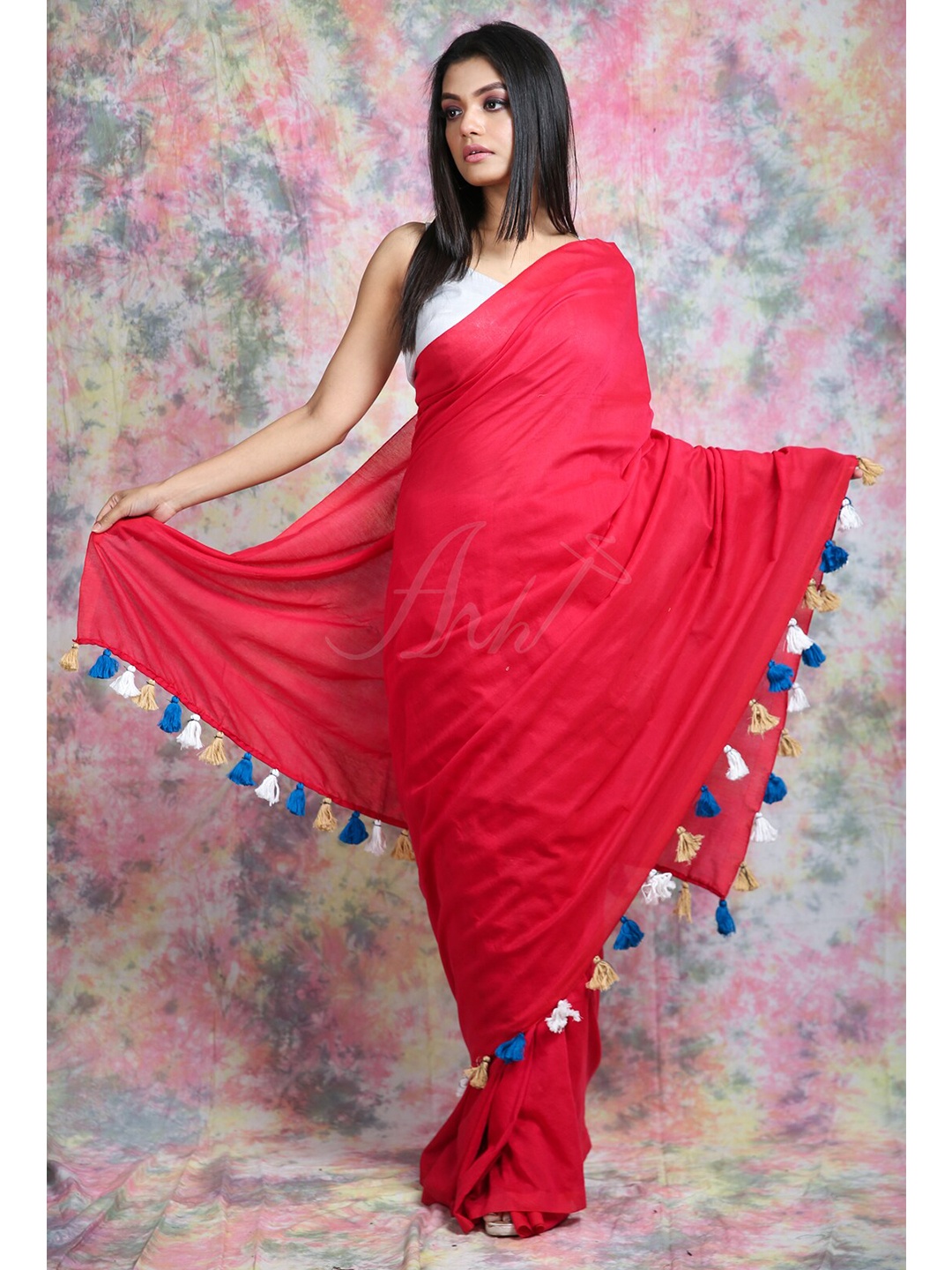 

Charukriti Red & Blue Solid Pom Pom Detailed Saree