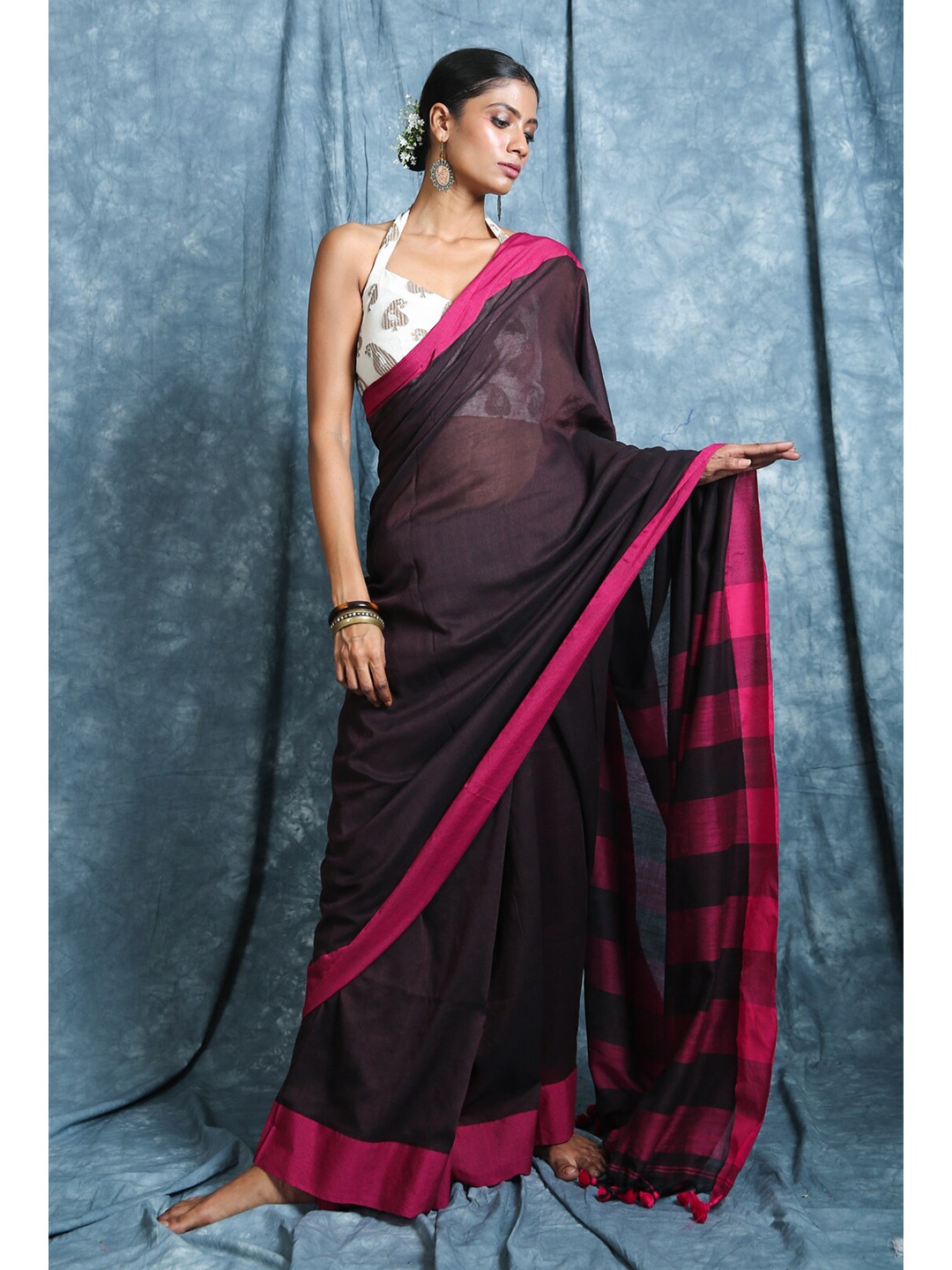 

Charukriti Black & Pink Striped Saree