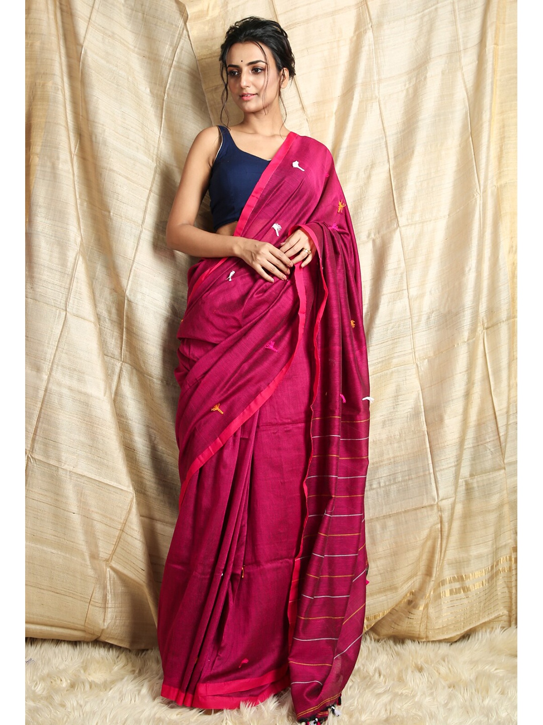 

Charukriti Magenta & Orange Floral Embroidered Handloom Saree