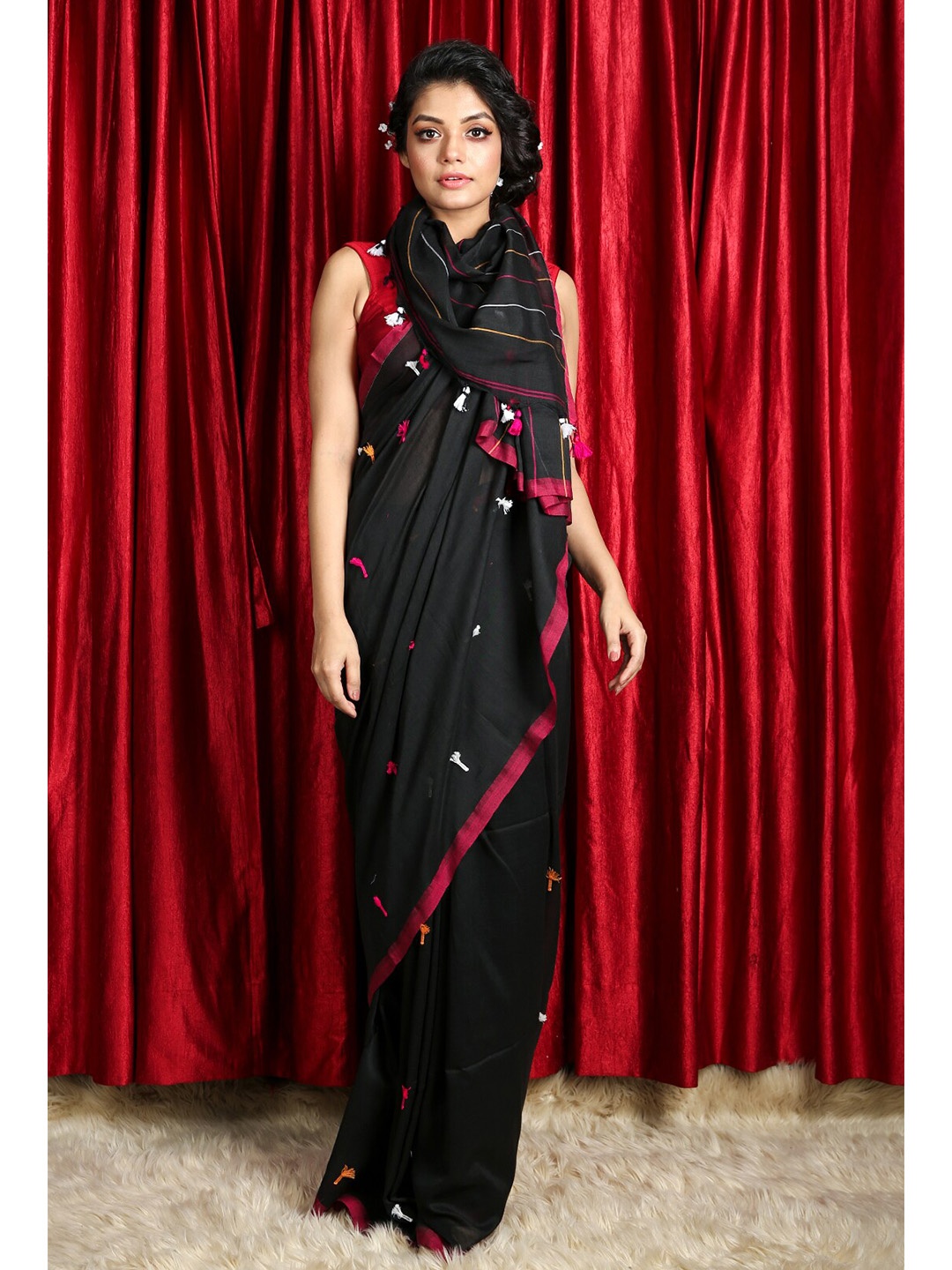 

Charukriti Black & Red Embroidered Cotton Saree