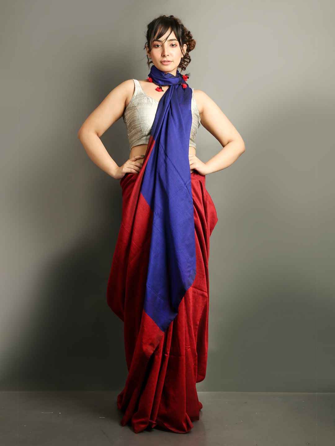 

Charukriti Red & Blue Colourblocked Saree