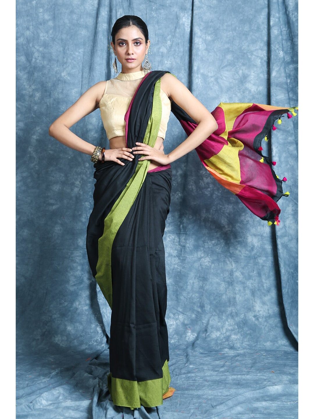 

Charukriti Black & Pink Cotton Saree
