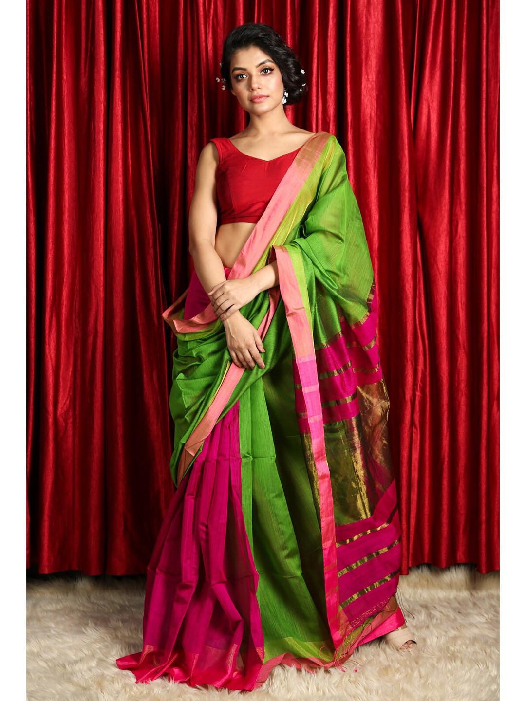 

Charukriti Green & Pink Cotton Blend Saree
