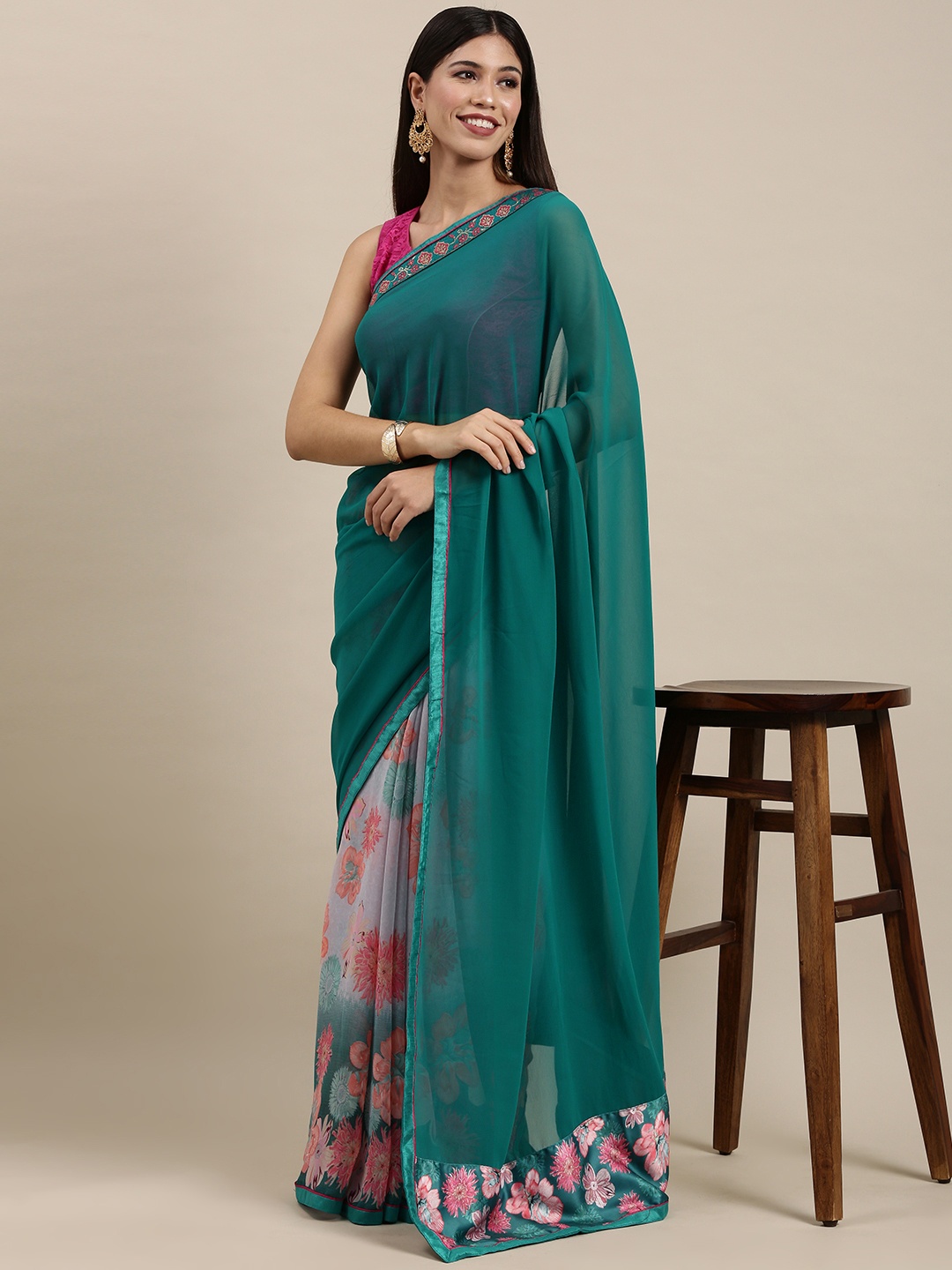 

VASTRANAND Teal Green & Pink Floral Print Half and Half Saree