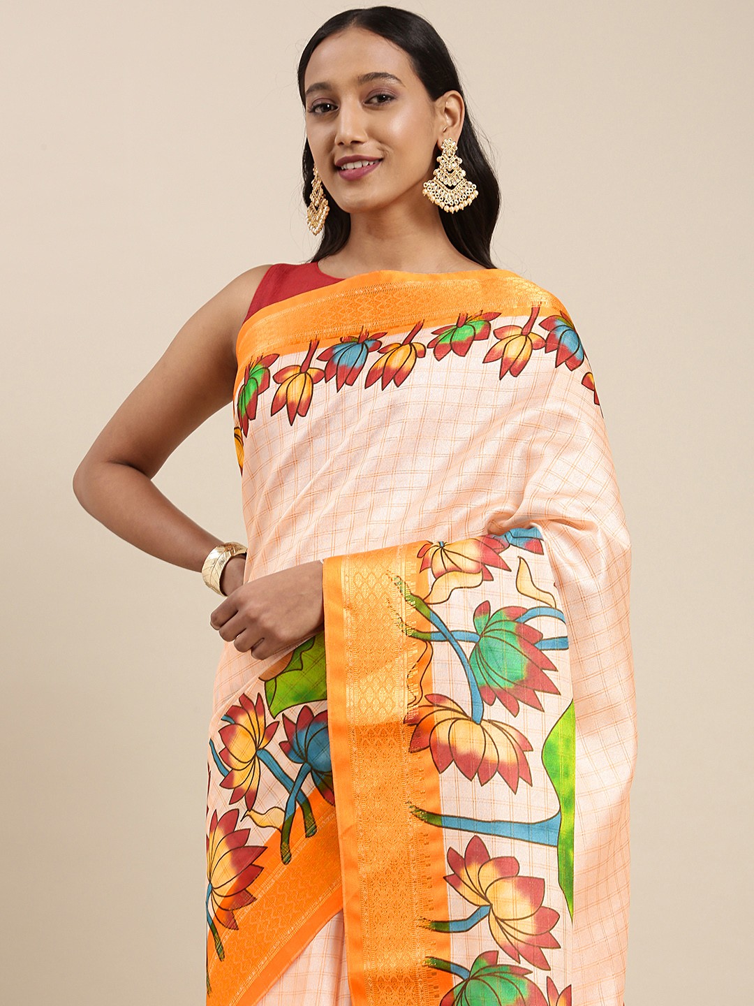 

VASTRANAND Off White & Mustard Yellow Floral Kalamkari Print Uppada Saree