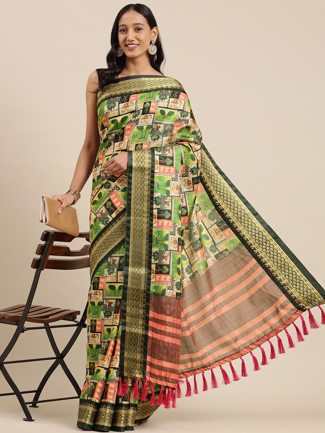 

VASTRANAND Green & Pink Kalamkari Print Uppada Saree