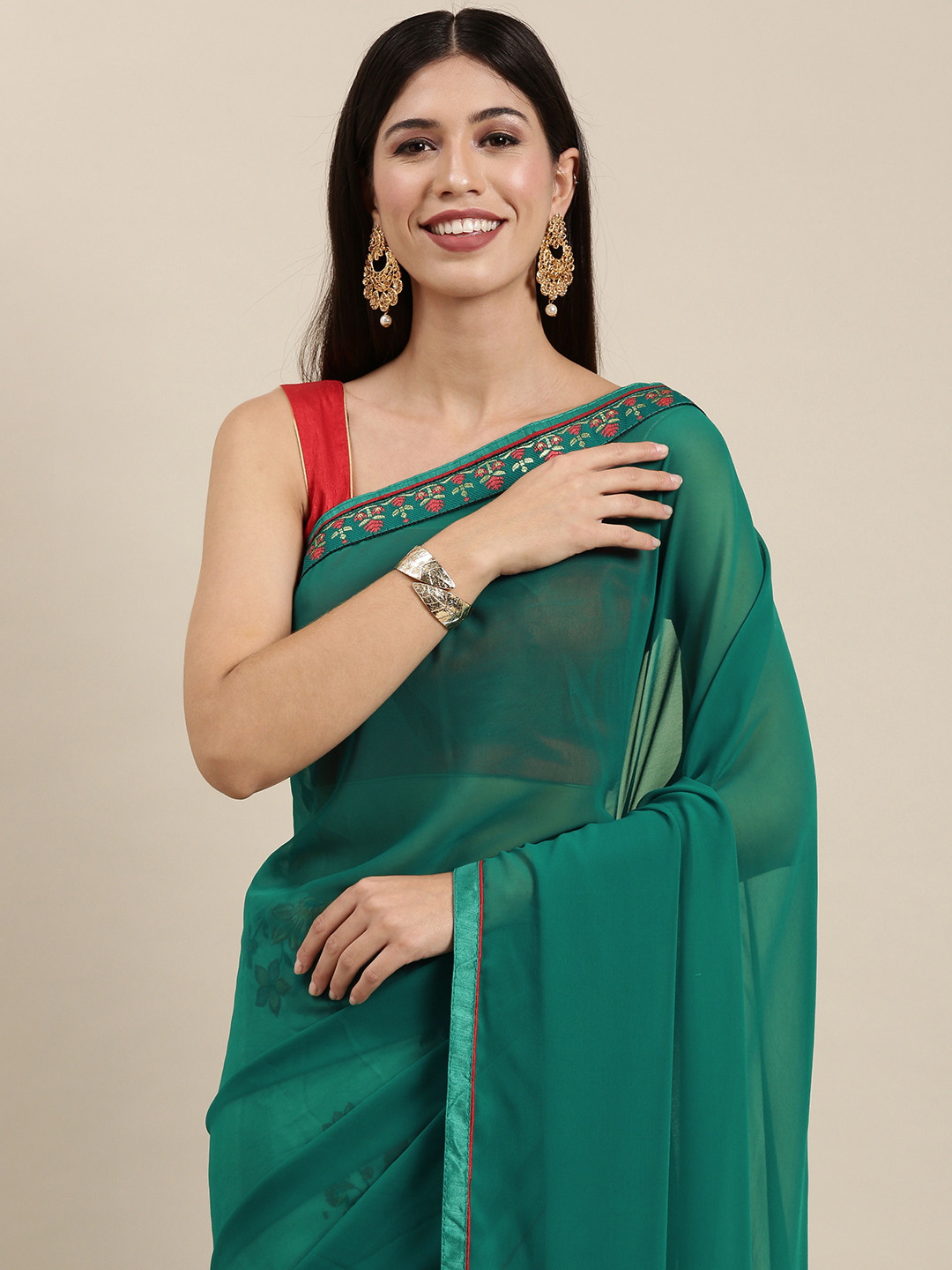 

VASTRANAND Green & Pink Floral Print Half and Half Saree