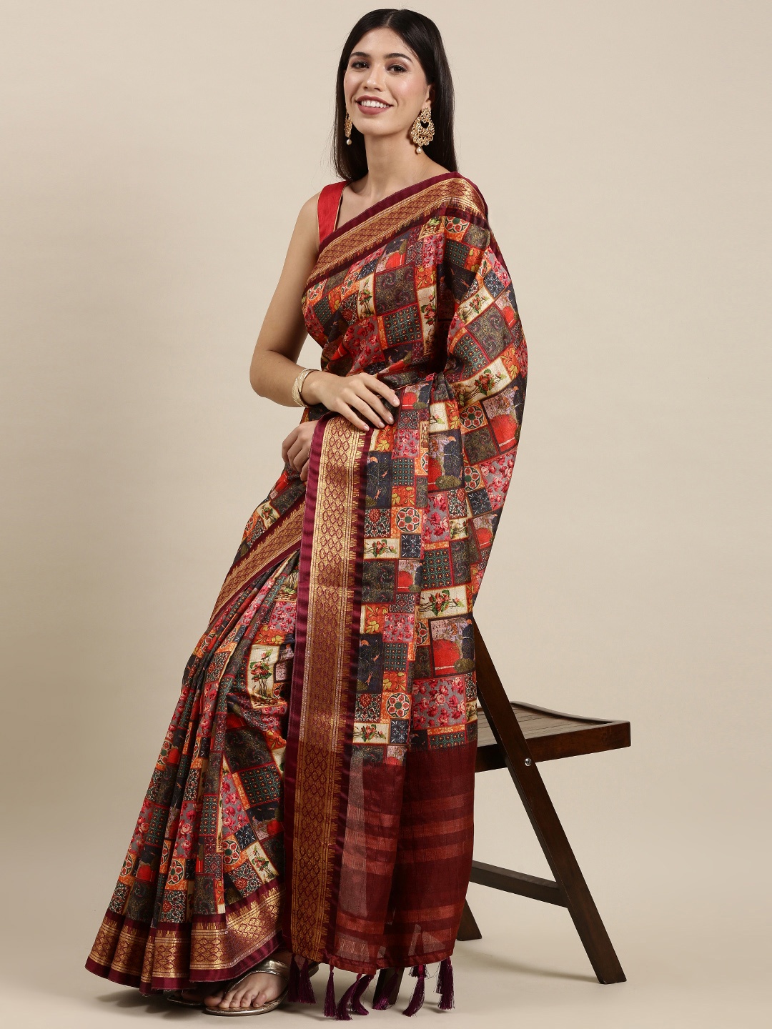 

VASTRANAND Brown & Maroon Kalamkari Uppada Saree