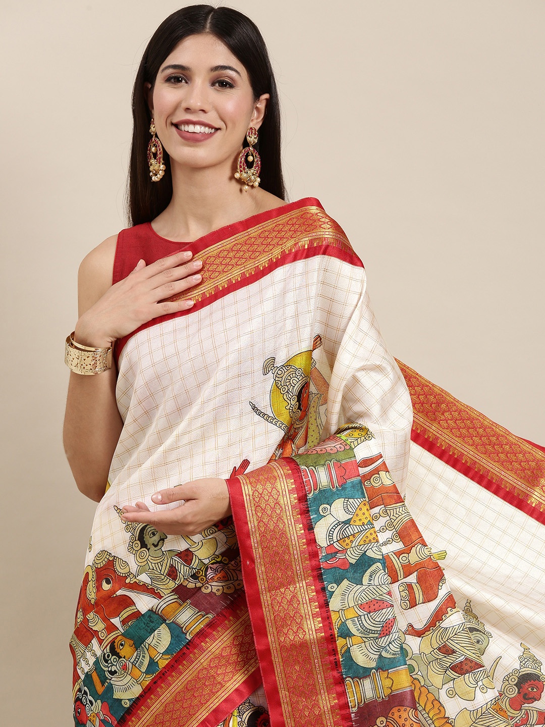 

VASTRANAND Off White & Red Kalamkari Uppada Saree