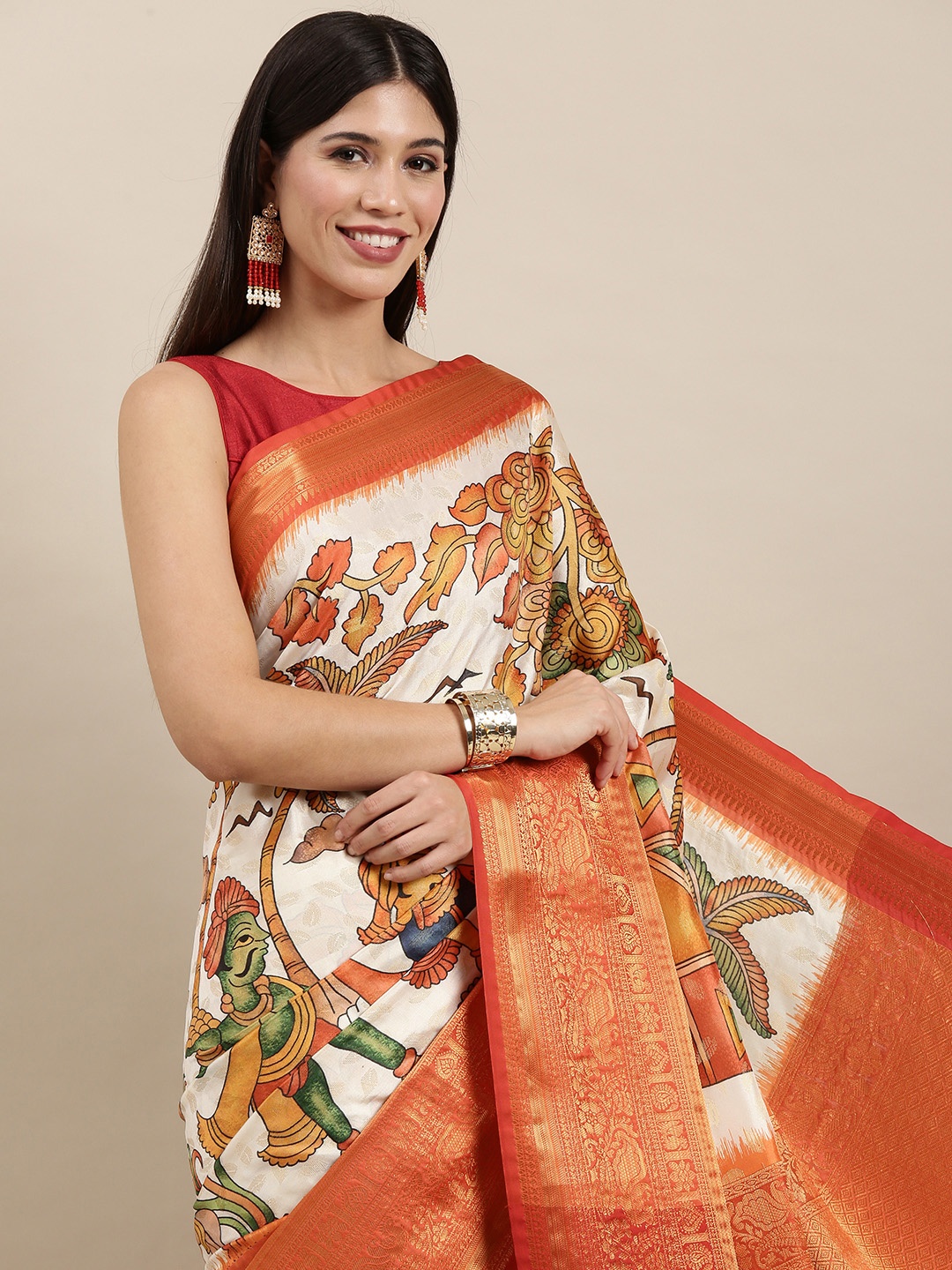 

VASTRANAND White & Orange Kalamkari Print Zari Silk Blend Saree