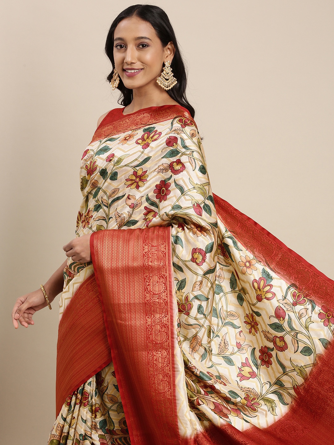 

VASTRANAND Beige & Maroon Kalamkari Print Zari Silk Blend Saree