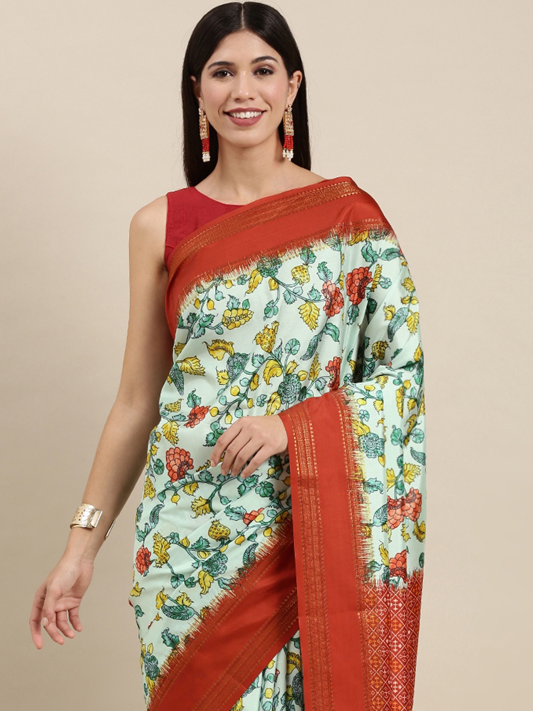 

VASTRANAND Sea Green & Maroon Kalamkari Print Zari Silk Blend Saree
