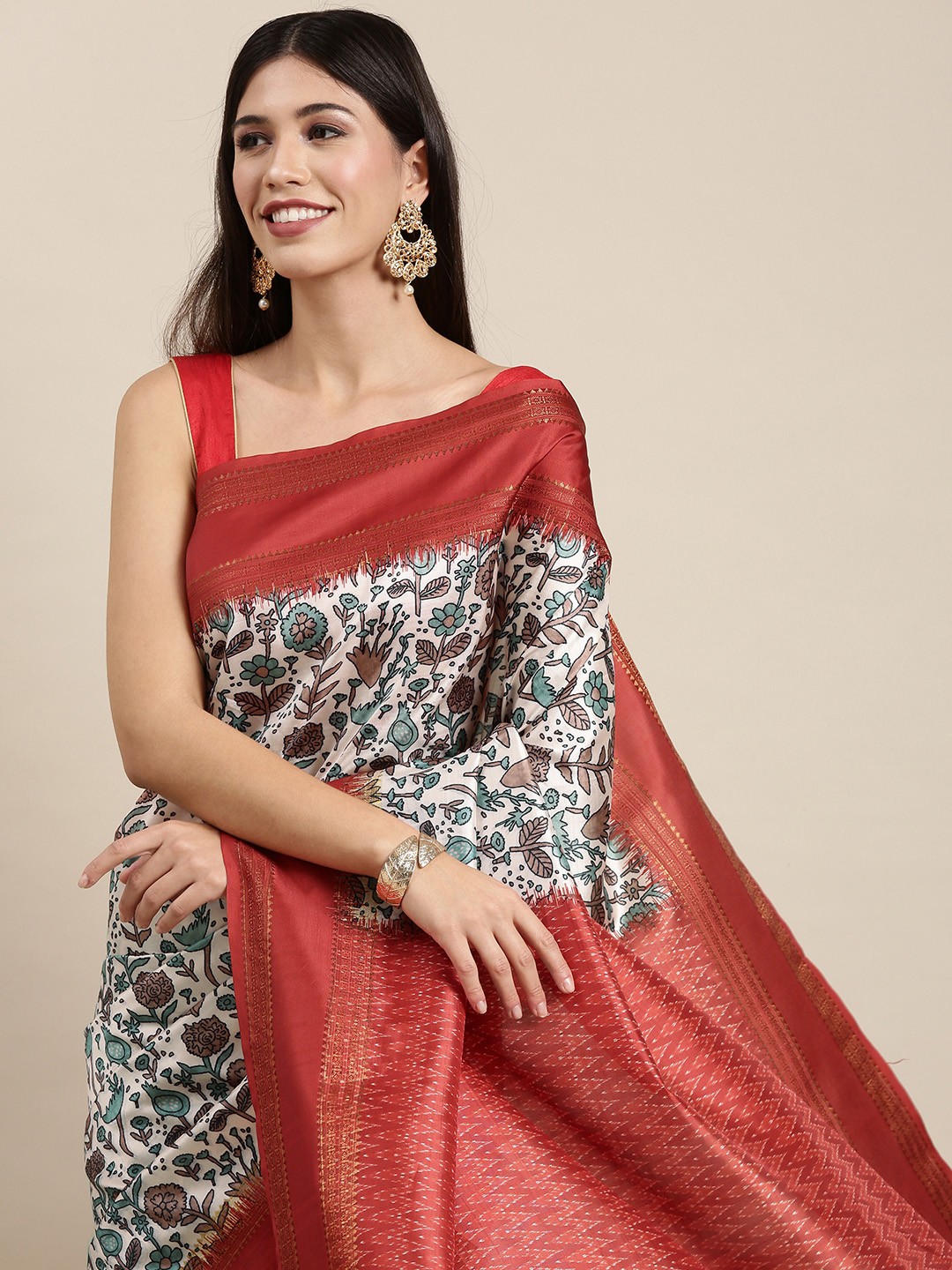 

VASTRANAND Off White & Maroon Ethnic Print Zari Silk Blend Saree