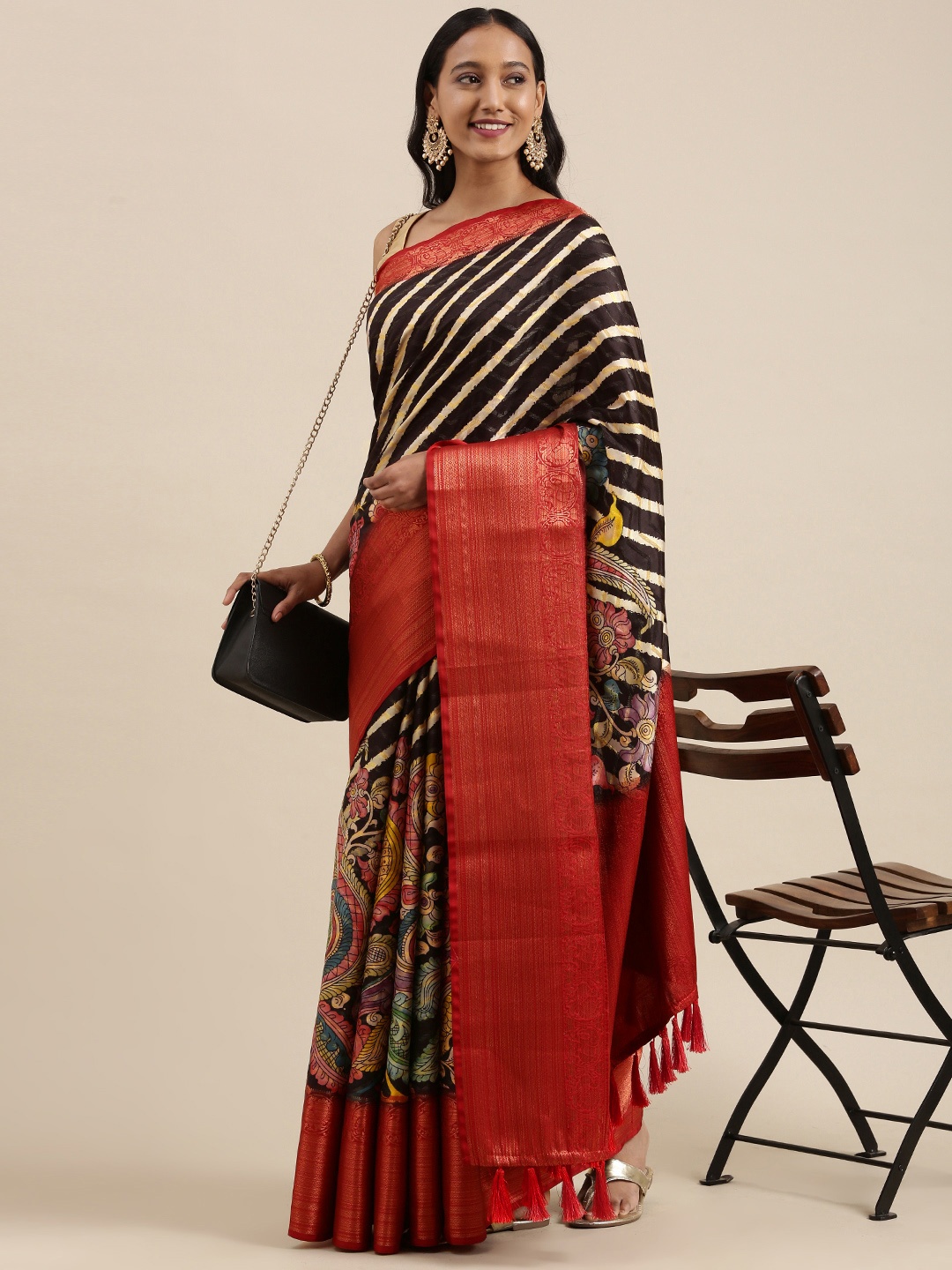 

VASTRANAND Black & Off White Striped Zari Silk Blend Saree
