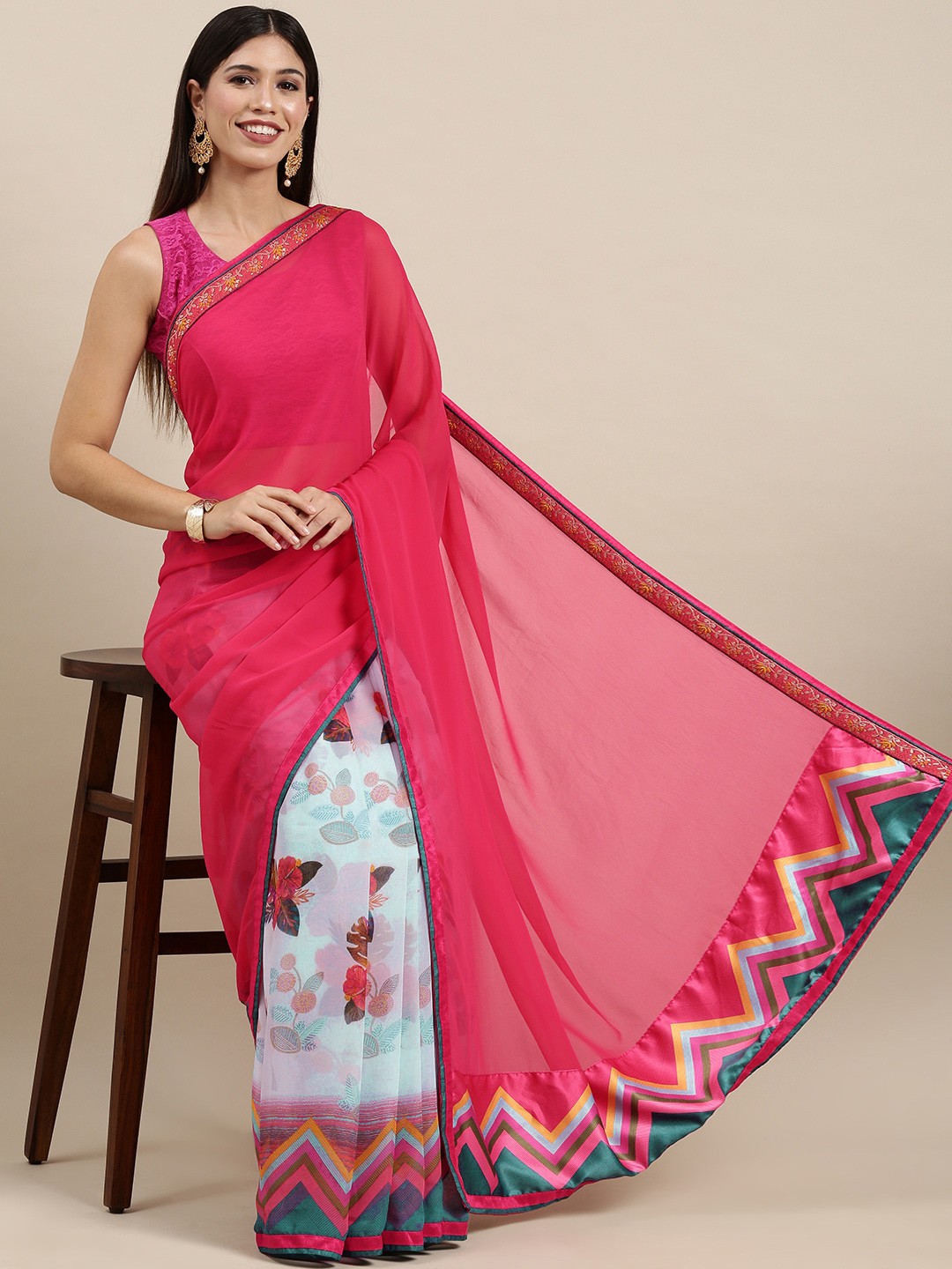 

VASTRANAND Pink & Off White Floral Print Half and Half Saree