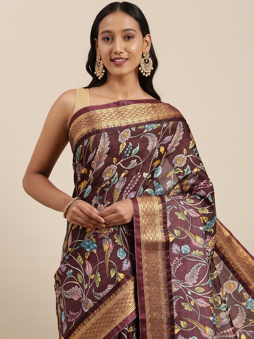 

VASTRANAND Burgundy & Blue Kalamkari Print Zari Silk Blend Uppada Saree