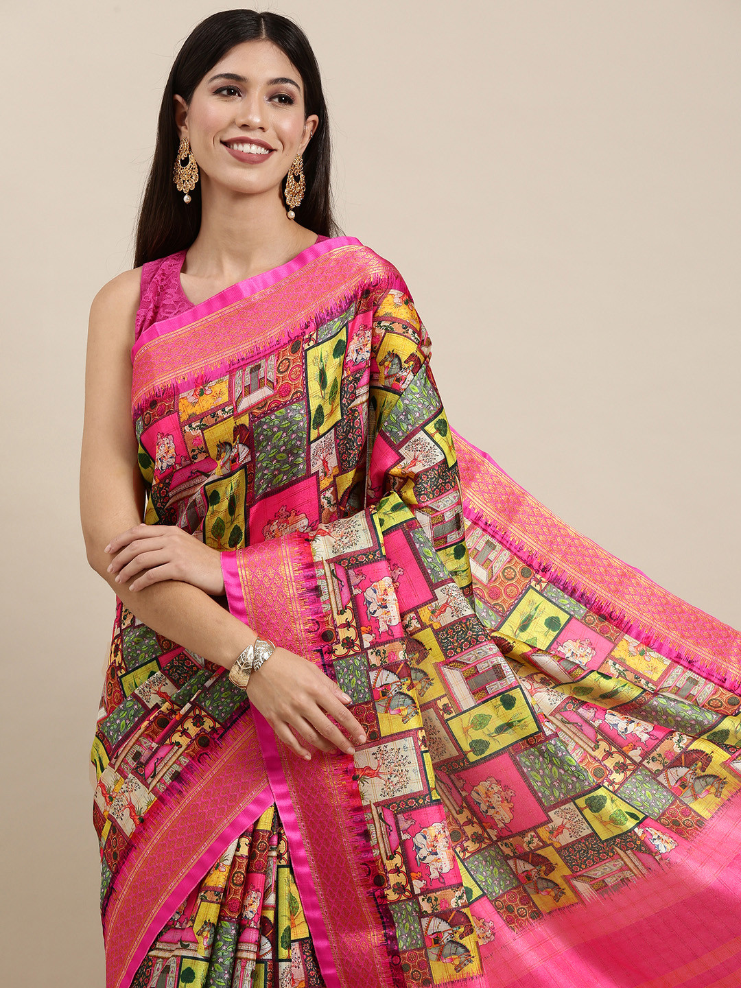 

VASTRANAND Pink & Green Kalamkari Print Uppada Saree