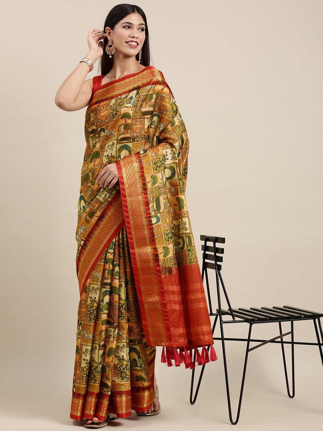 

VASTRANAND Mustard Yellow & Green Kalamkari Print Uppada Saree