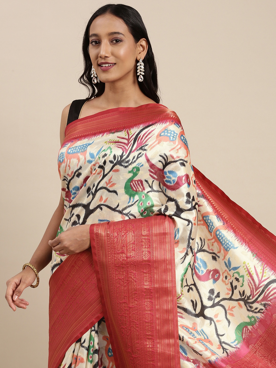 

VASTRANAND Off White & Maroon Ethnic Print Zari Silk Blend Saree