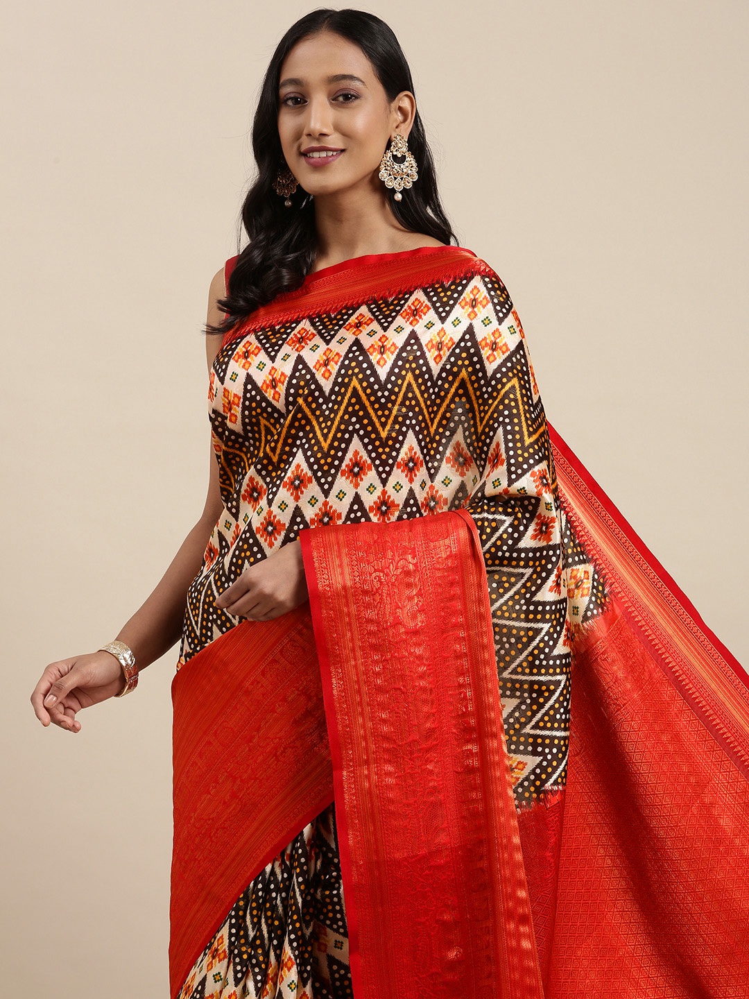 

VASTRANAND Black & Red Printed Zari Silk Blend Saree