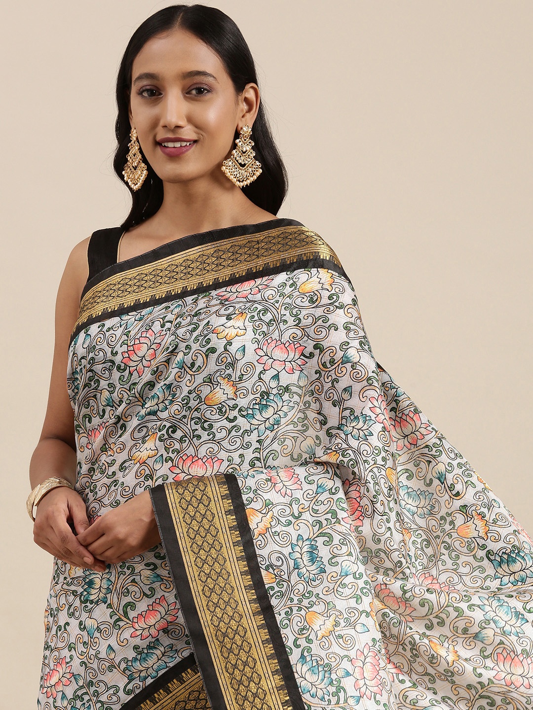 

VASTRANAND White & Black Kalamkari Print Zari Silk Blend Uppada Saree