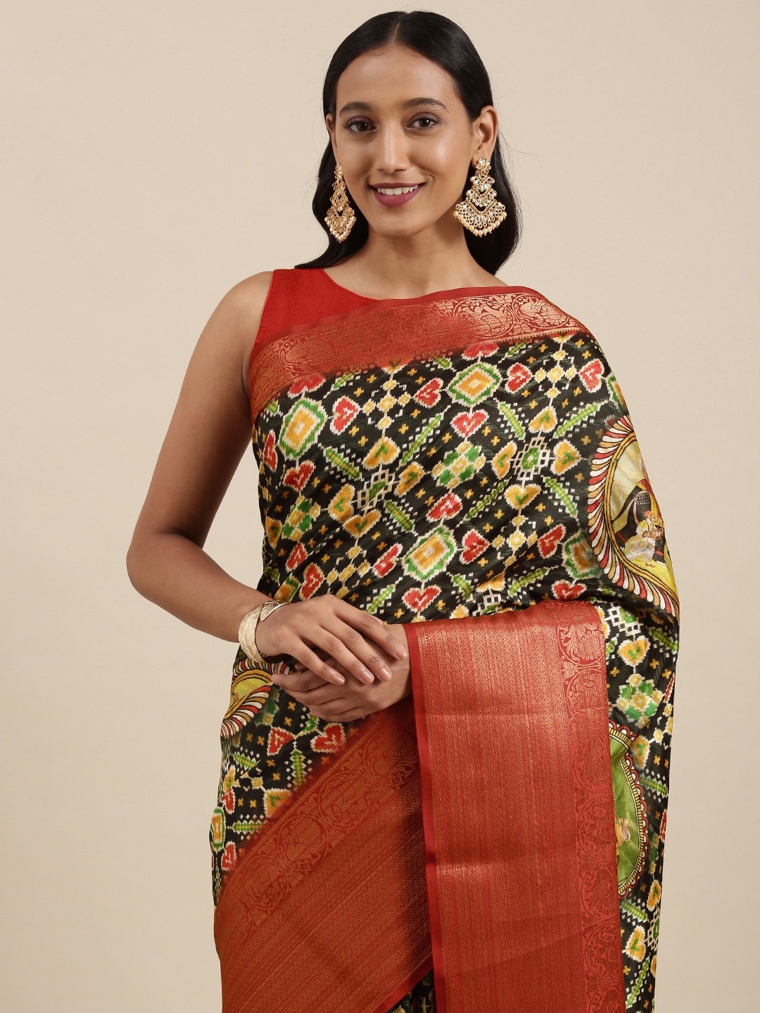 

VASTRANAND Black & Maroon Ethnic Print Zari Silk Blend Saree