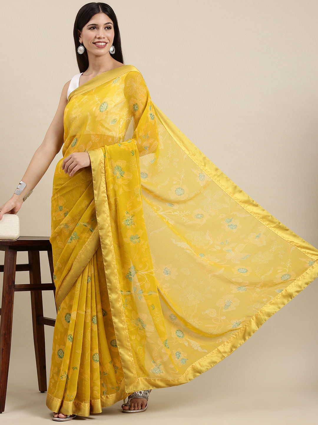 

VASTRANAND Mustard Yellow & Green Floral Print Saree