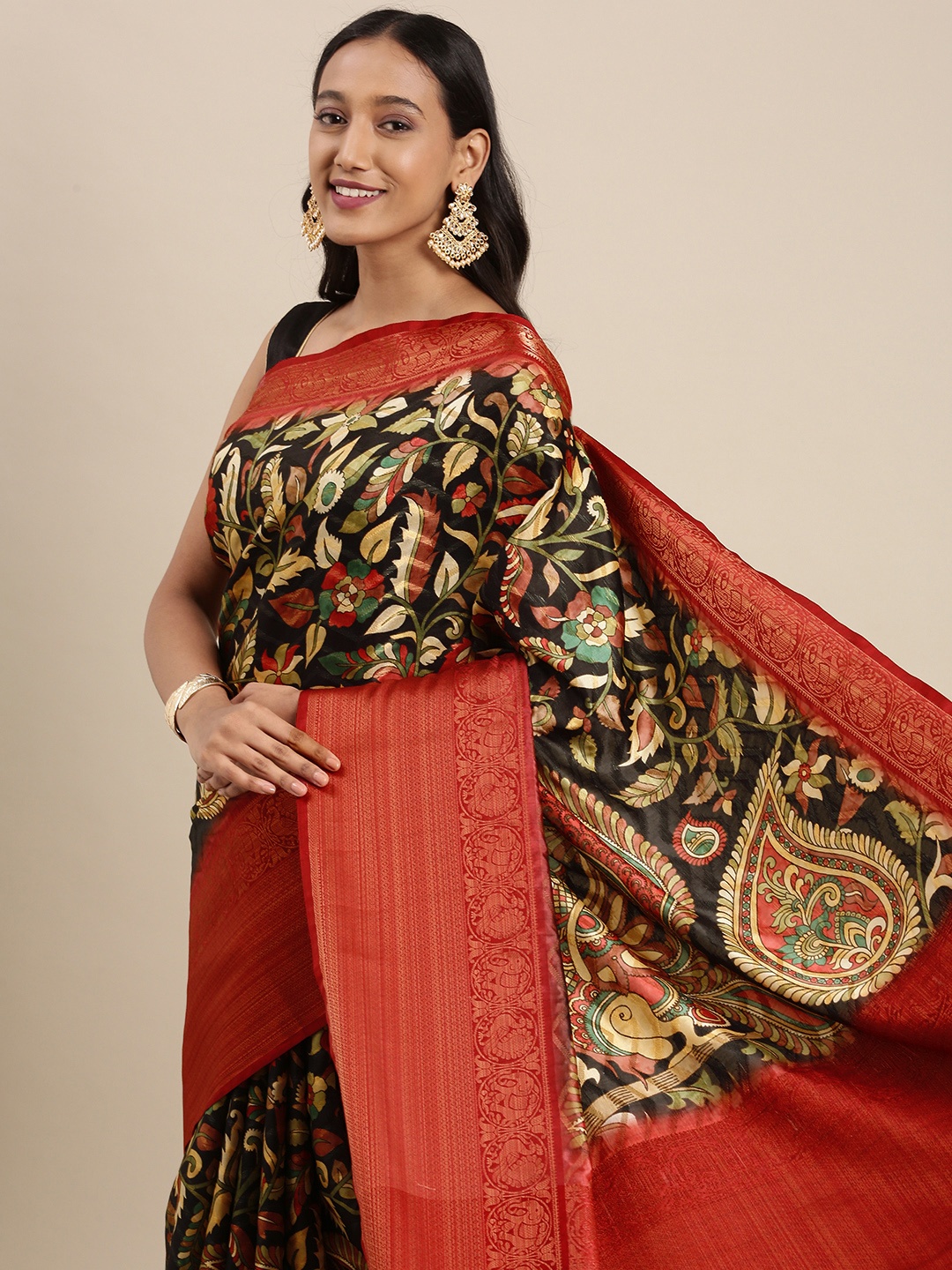 

VASTRANAND Black & Maroon Kalamkari Print Zari Silk Blend Saree