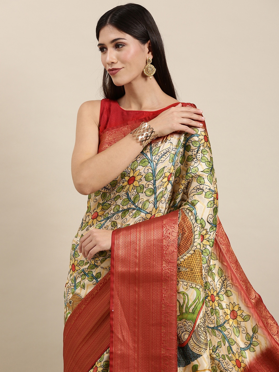 

VASTRANAND Beige & Maroon Kalamkari Print Zari Silk Blend Saree