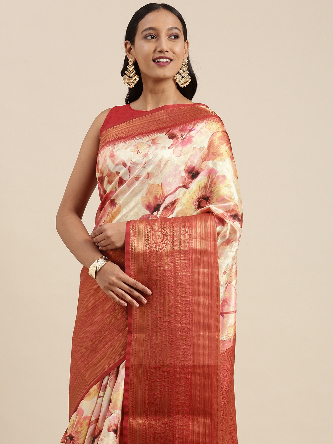 

VASTRANAND Off White & Maroon Floral Print Zari Silk Blend Saree