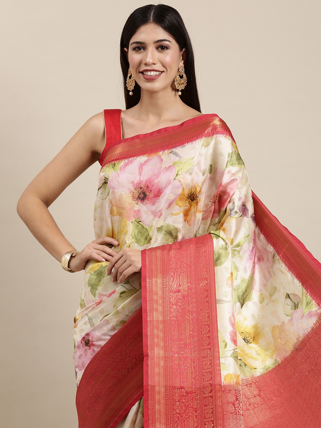 

VASTRANAND Off White & Red Floral Print Zari Silk Blend Saree