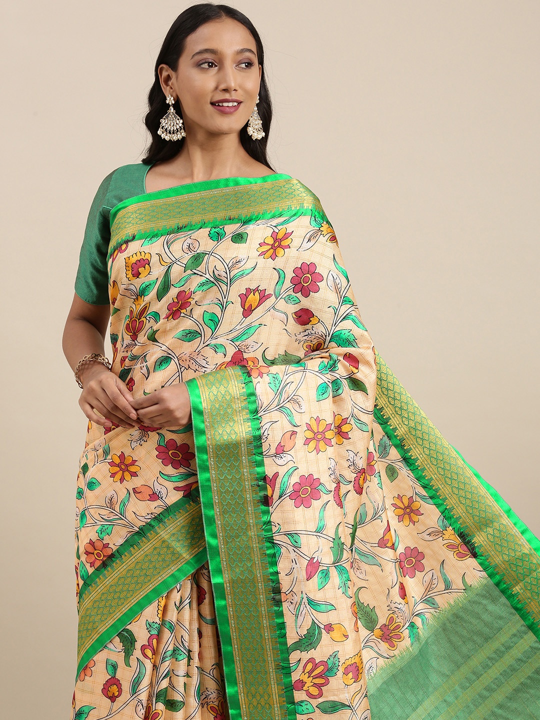 

VASTRANAND Beige & Green Kalamkari Print Zari Silk Blend Uppada Saree