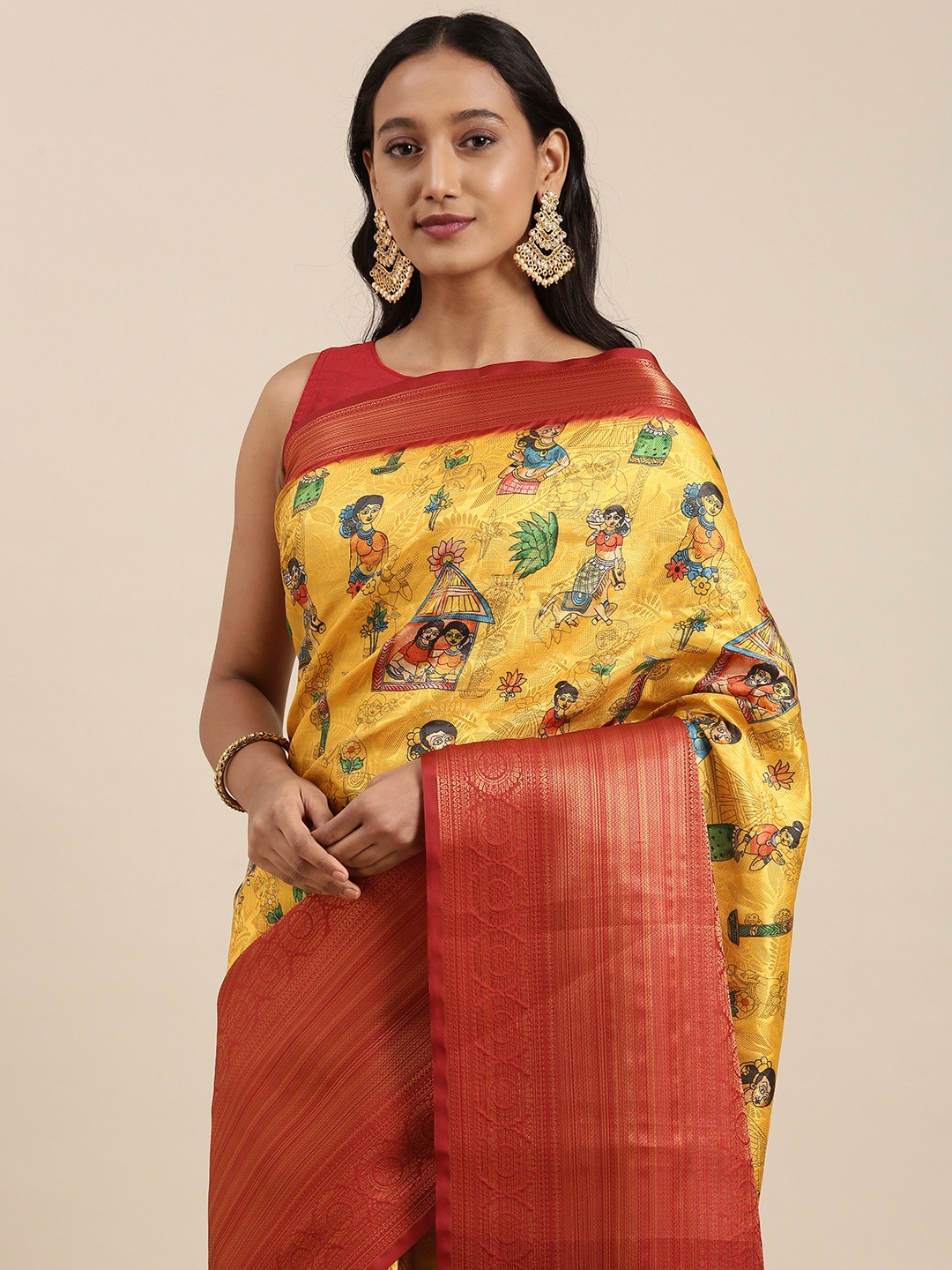 

VASTRANAND Mustard Yellow & Maroon Ethnic Print Zari Silk Blend Saree