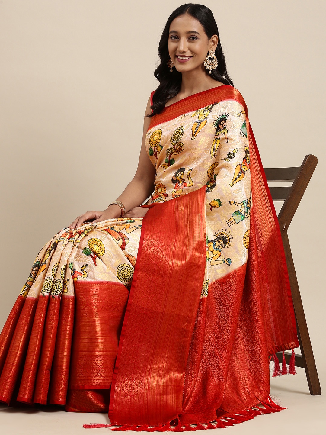 

VASTRANAND Beige & Maroon Ethnic Print Zari Silk Blend Saree